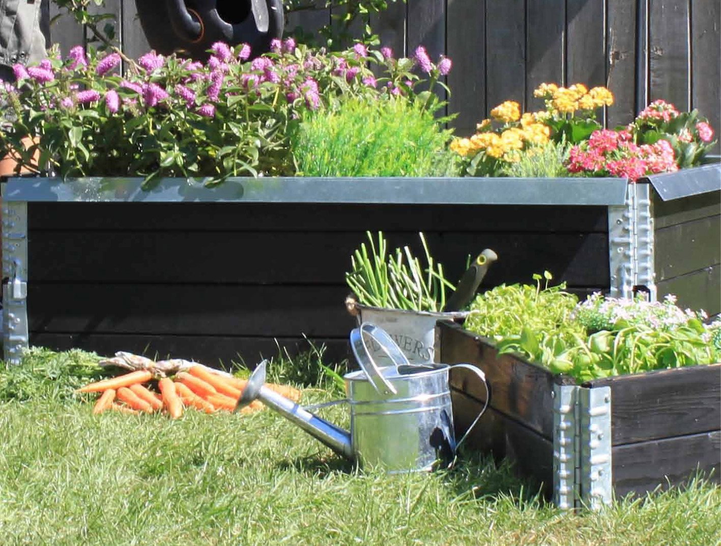 Højbede med blomster, krydderurter, gulerødder og vandkande
