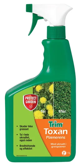 Grøn sprayflaske Trim Toxan plænerens mod ukrudt