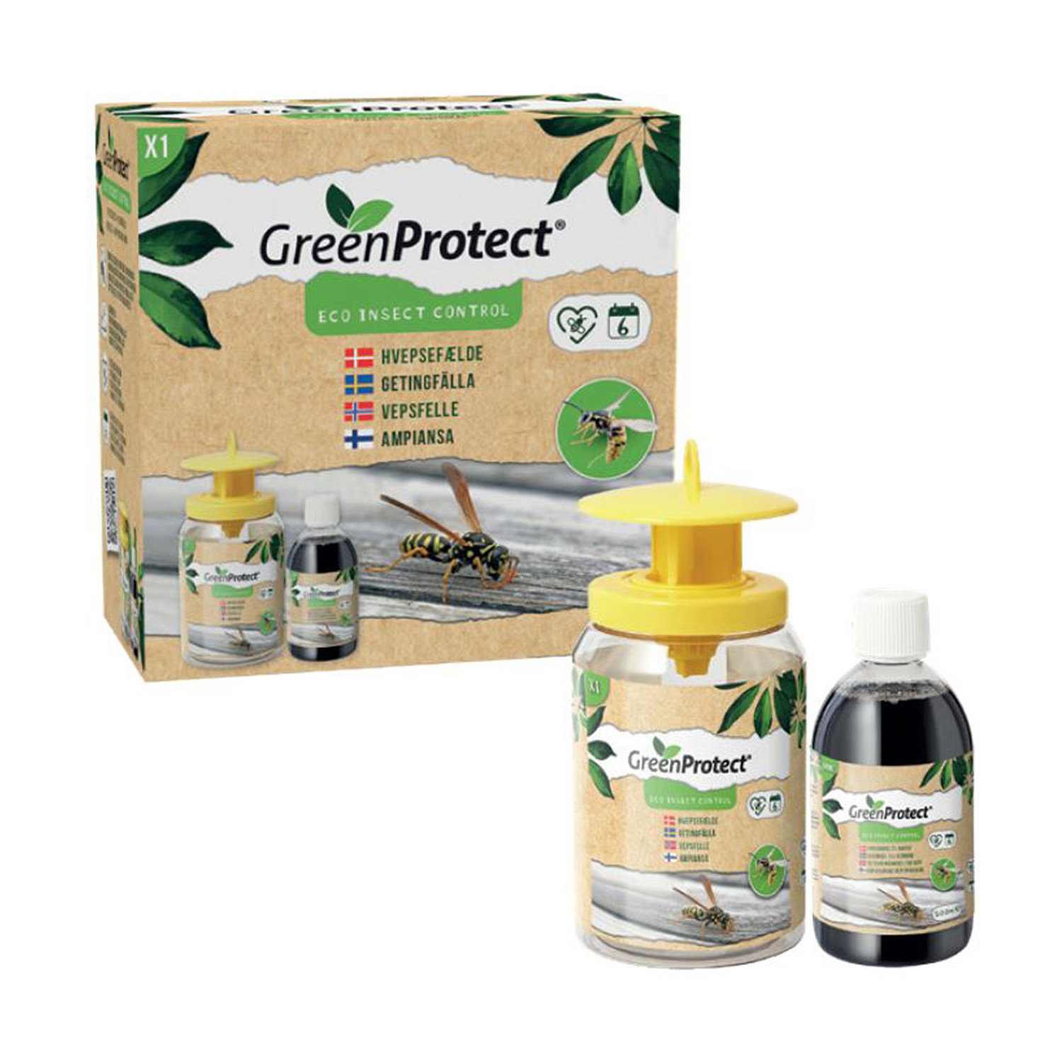 GreenProtect Hvepsefælde inkl. lokkemiddel - effektiv giftfri udendørs fælde til have og terrasse GreenProtect hvepsefælde med gul top og medfølgende flaske lokkemiddel vist foran produktæske; eco insect control, til indfangning af hvepse i haven og på terrassen