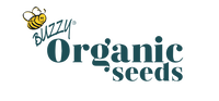 Logo for Buzzy Organic Seeds med teksten »Organic seeds« i dekorativ skrifttype og en stiliseret gul bi