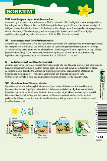 Hornum frøpose til middelhavsurter, bagside Bagside af Hornum frøpose med dyrkningsvejledning