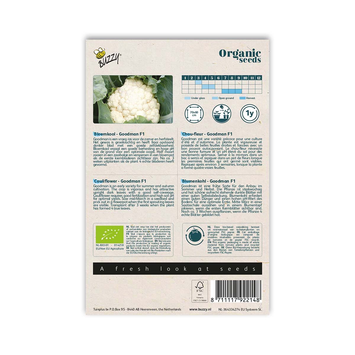 Buzzy Organic Seeds blomkål Goodman F1 frøpose