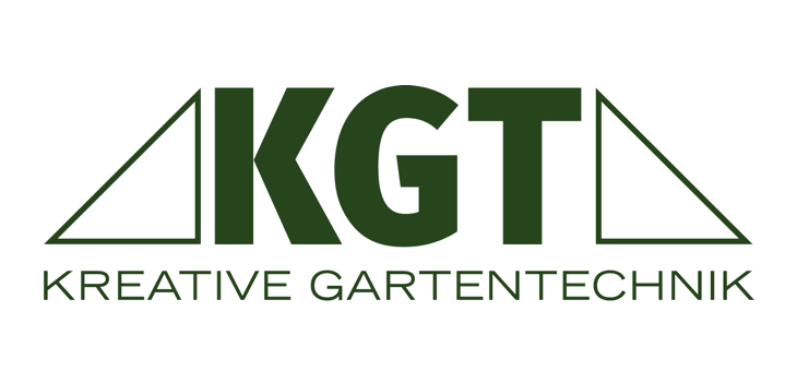 KGT-logo med teksten 'Kreative Gartentechnik' i grønne bogstaver og trekantede symboler