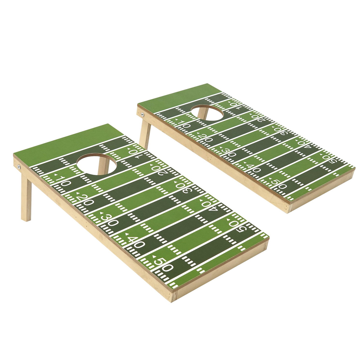 To cornhole spilbrætter med grøn bane og huller