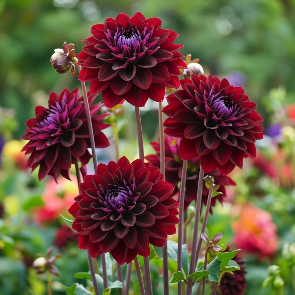 Dahlia 'Arabian Night' mørkerød dekorativ dahlia med tætte fløjlsagtige blomsterhoveder, velegnet til bede og snitblomster, 90–100 cm høj, 1 løg, producent Florex