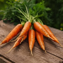 Gulerod frø Nantes 2 fra Horti Tops – middelstore, søde og saftige gulerødder, velegnet til rå, snacking og madlavning Bundt af nyskårne Nantes 2 gulerødder med grøn top på træbord, middelstore og ensartede gulerødder med saftig, sød konsistens - frø fra Horti Tops