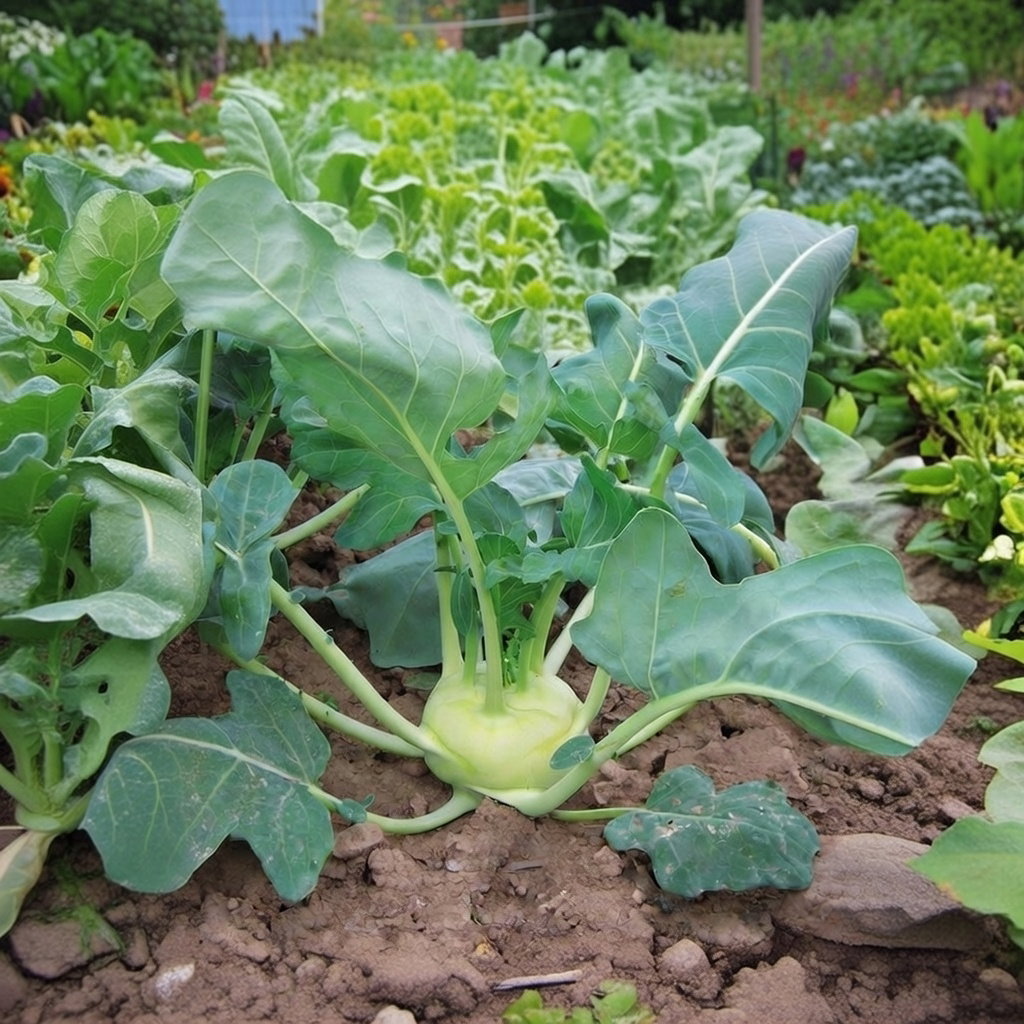 Kålrabi plant (Korist F1) i køkkenhave med grøn rund knold og brede blade i jord – økologiske frø fra Buzzy Organic, hårdfør kålsort, kan høstes maj–oktober, såtid marts–august