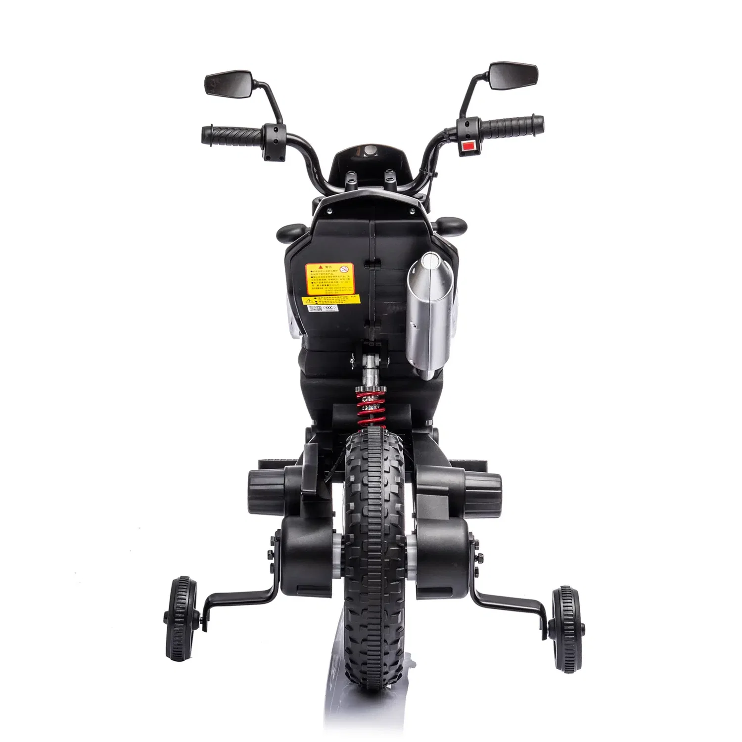 Bagfra: Aprilia el-motorcykel NORDIC PLAY Speed i blå med aftagelige støttehjul, bagdæk, rød støddæmper, sidespejle og udstødning – licenseret børnemodel med 1 x 10,8V motor, musik/Bluetooth og forlygte