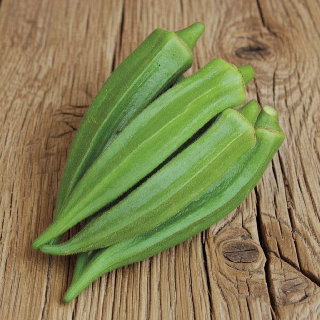 Friske grønne okrafrugter af sorten Clemson Spineless lagt på træbord – billede til okra frø fra Horti Tops, egnet til dyrkning i drivhus eller varm placering