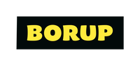 Gul tekst 'BORUP' i fed rund skrifttype på sort rektangulær baggrund