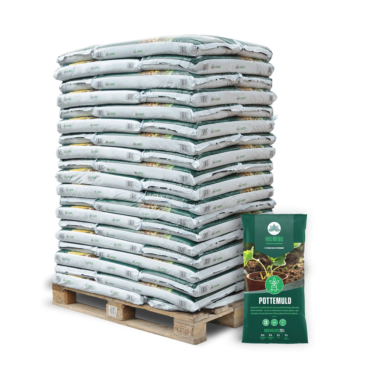 Holmebo Pottemuld - 120 poser á 20 L | Allround pottemuld med NPK, mikronæringsstoffer, lergranulat og leca Palle med 120 poser Holmebo Pottemuld á 20 liter – allround muld til potter og krukker med velafbalanceret NPK-gødning, mikronæringsstoffer, lergranulat og leca