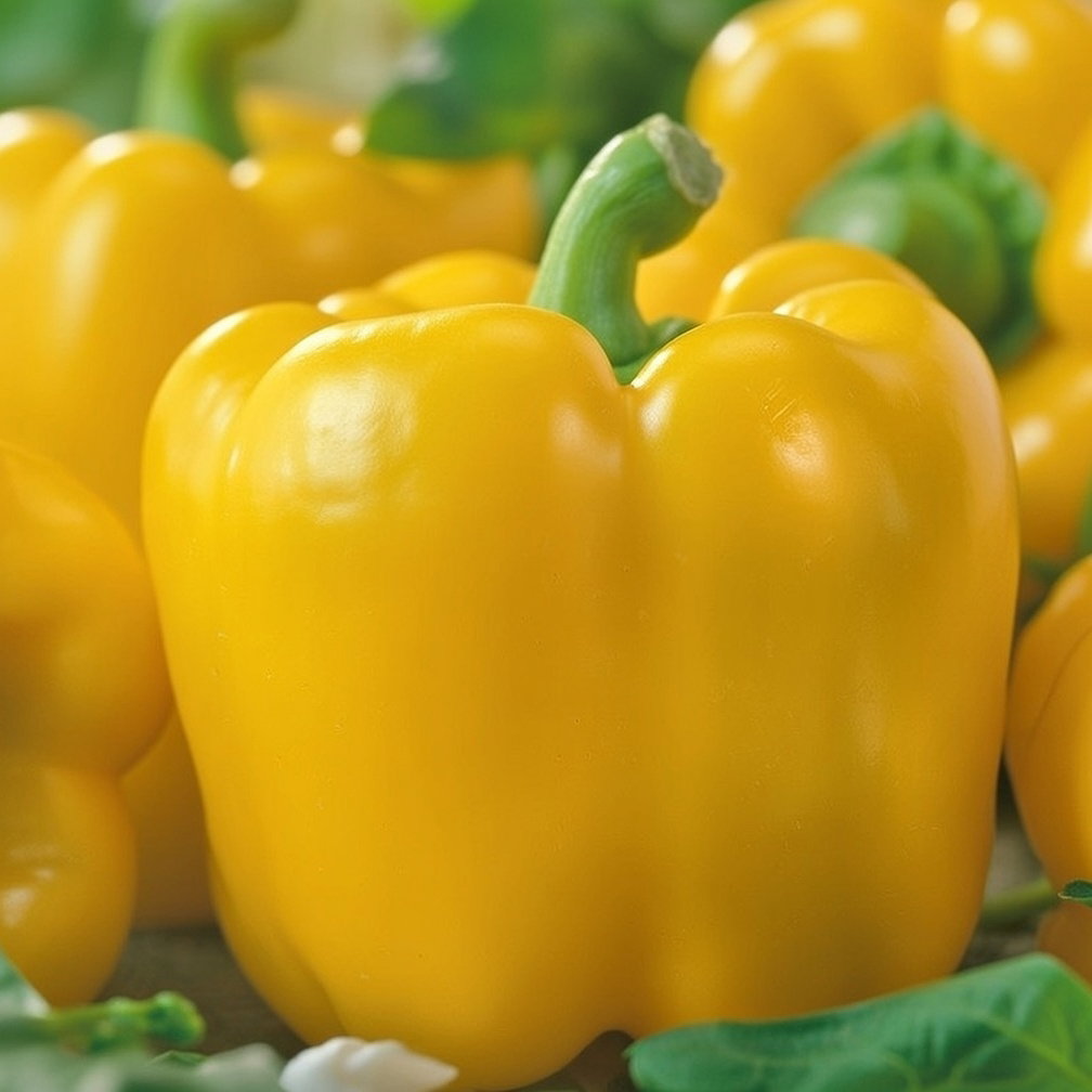 Stor, sød gul peberfrugt (Yellow California Wonder) på tæt plan, viser glat frisk frugt; økologiske frø fra Buzzy Organic til indendørs såning og udplantning i drivhus