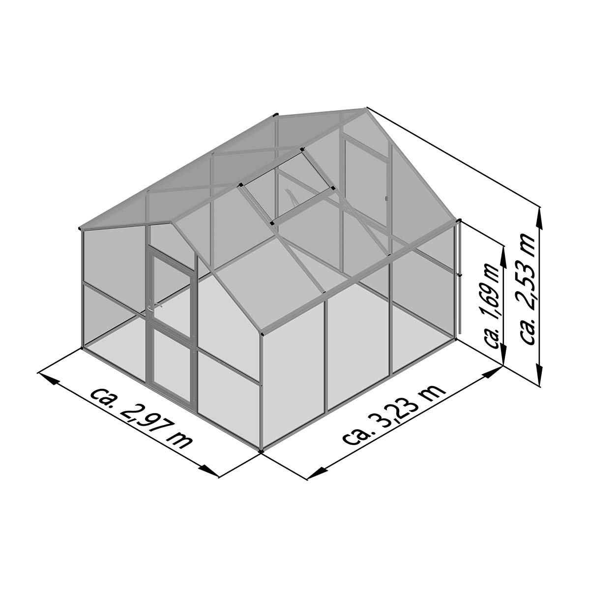 Illustration af drivhus med mål 2,97 x 3,23 x 2,53 m