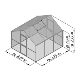 Drivhus ca. 2,97 x 3,23 m med højdeangivelser Illustration af drivhus med mål 2,97 x 3,23 x 2,53 m