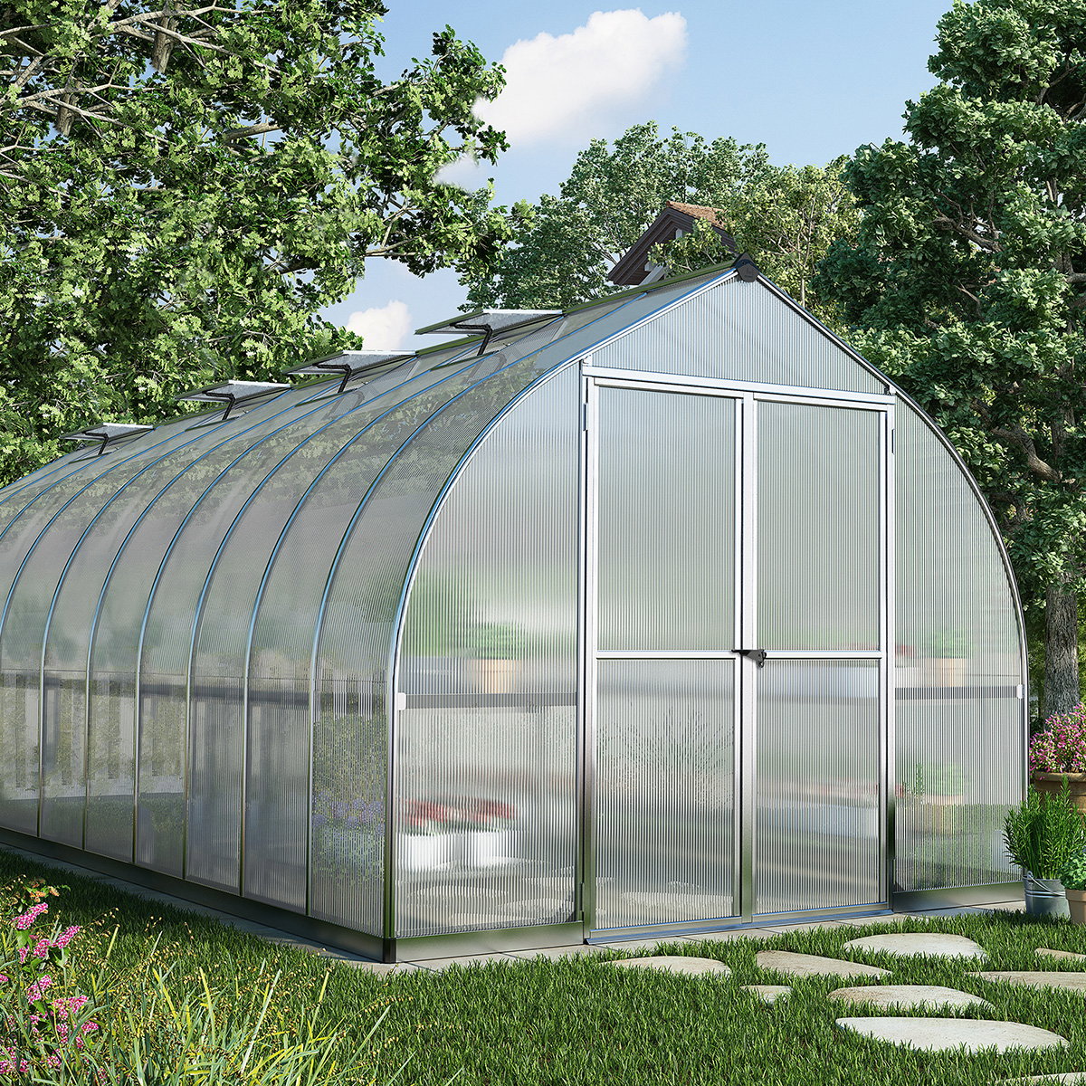 Drivhus Bella 14,7 m² sølv Palram - klokkeformet aluminium med dobbeltvæggede polycarbonatpaneler Drivhus Bella 14,7 m² i sølv fra Palram vist i have, klokkeformet aluminiumsramme, dobbeltvæggede polycarbonatpaneler, galvaniseret stålbase, brede dobbeltdøre og tagvinduer