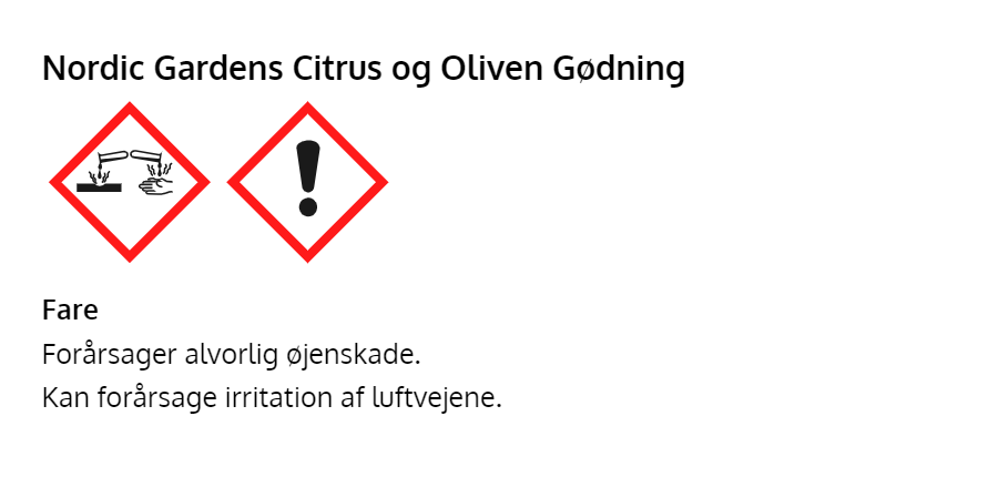 Advarselsetikette for Nordic Gardens citrus- og olivengødnin
