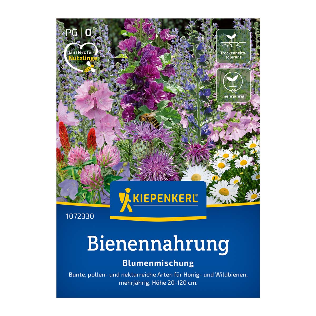 Visuel pakke for 'Blomsterblanding Bi paradis' fra Kiepenkerl – farverig flerårig blomsterblanding (20–120 cm) med nektar- og pollenrige arter, skaber fødekilde for bier, sommerfugle og bestøvere, blomstrer juni-oktober, dækker 5–8 m².