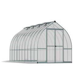 Drivhus Bella 14,7 m² sølv Palram - klokkeformet aluminium/PC med dobbeltdør Drivhus Bella 14,7 m² i sølv fra Palram/Canopia, klokkeformet design med rustfri aluminiumsramme, dobbeltvæggede UV-beskyttede polycarbonatpaneler, galvaniseret stålbase, brede dobbeltdøre og ventilationsvinduer