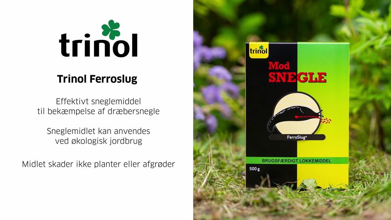 Trinol Ferroslug 500 g – effektiv sneglebekæmpelse med jernfosfat, sikkert for kæledyr og pindsvin Billede af Trinol Ferroslug 500 g pakning og blå korn; lokkemiddel med jernfosfat til bekæmpelse af dræbersnegle og havesnegle, uskadeligt for kæledyr, pindsvin og fugle