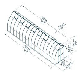 Teknisk tegning af Drivhus Bella 22,5 m² i sølv fra Palram-Canopia. Klokkeformet drivhus 2,44 x 9,63 m med brede dobbeltdøre, høj indgang, galvaniseret aluminiumramme og dobbeltvæggede polycarbonatpaneler (6 mm tag/væg, 4 mm dør/vindue).
