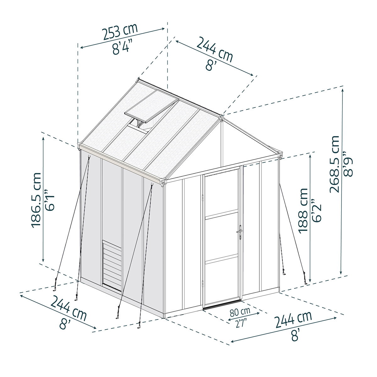 Drivhus Glory 6,2 m² i grå med højt tag og bred indgangsdør (lavt dørtrin). Pulverlakeret aluminiumsramme, 10 mm dobbeltvæggede polycarbonatpaneler, hagl- og UV-beskyttelse samt galvaniseret stålbundramme for stabilitet.