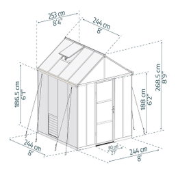 Drivhus Glory 6,2 m² i grå med højt tag og bred indgangsdør (lavt dørtrin). Pulverlakeret aluminiumsramme, 10 mm dobbeltvæggede polycarbonatpaneler, hagl- og UV-beskyttelse samt galvaniseret stålbundramme for stabilitet.