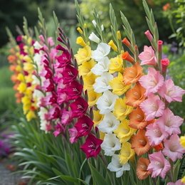 Gladiolus mix blomsterløg - 8 stk. | Florex - farverige høje gladiolus til haven og som snitblomster Gladiolus mix blomsterløg 8 stk. fra Florex vist i rækker med høje, farverige blomsterspir; ideel til haven, som snitblomster i buketter og med spiselige blomster