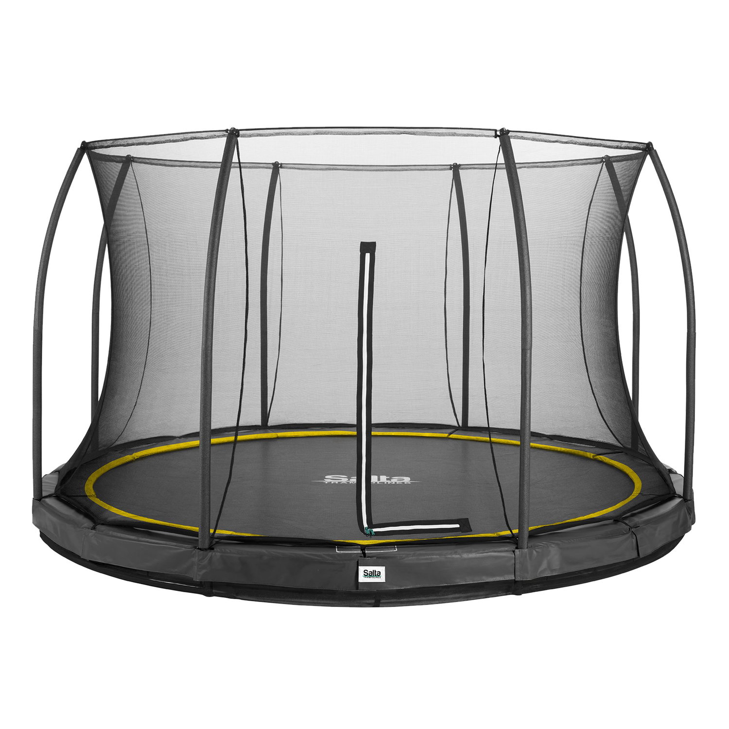 Sort rund nedgravet trampolin med net