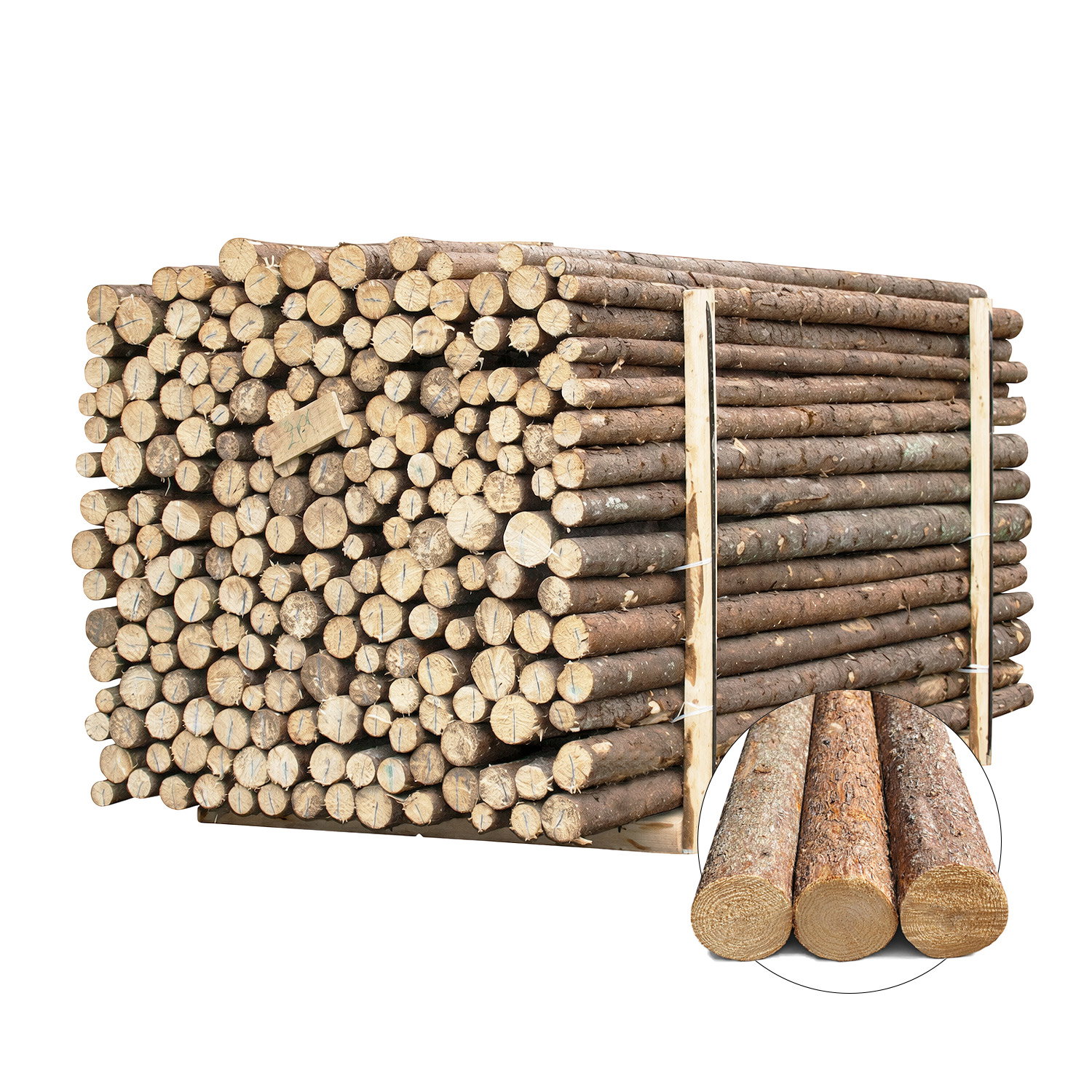 BMB granrafter med bark, længde 220 cm – stablet bundt af robuste grantræsrafter til raftehegn, afskærmning og udendørsprojekter; naturligt harpiksbeskyttet mod råd og svamp