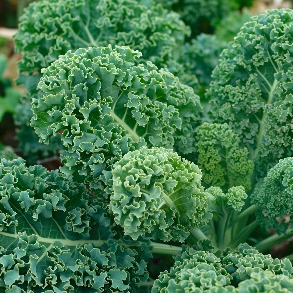 Nærbillede af kruset grønkål (Økologisk Grønkåls frø, Westland Herfst) med mørkegrønne blade; etårig, tåler kulde og let frost, høstbar okt–jan – frø fra Buzzy Organic