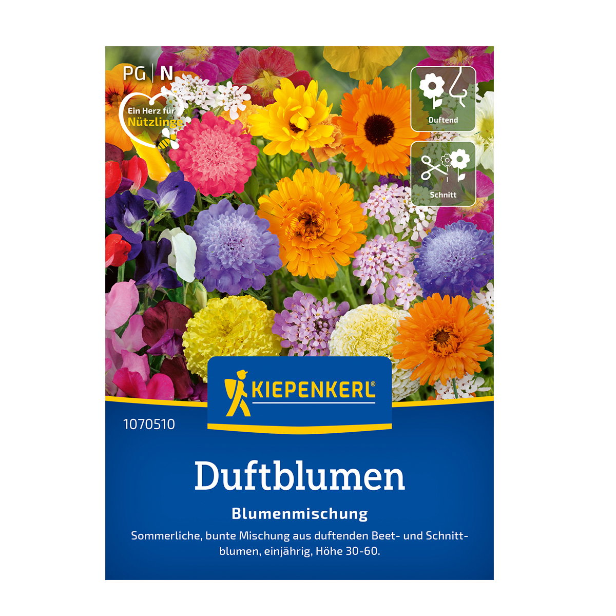 Kiepenkerl Blomsterblanding Duftblomster: farverig, velduftende etårig blanding til 3–4 m², 30–60 cm høj; ideel som blomsterø og snitblomster, insektvenlig og velegnet til haver og buketter.
