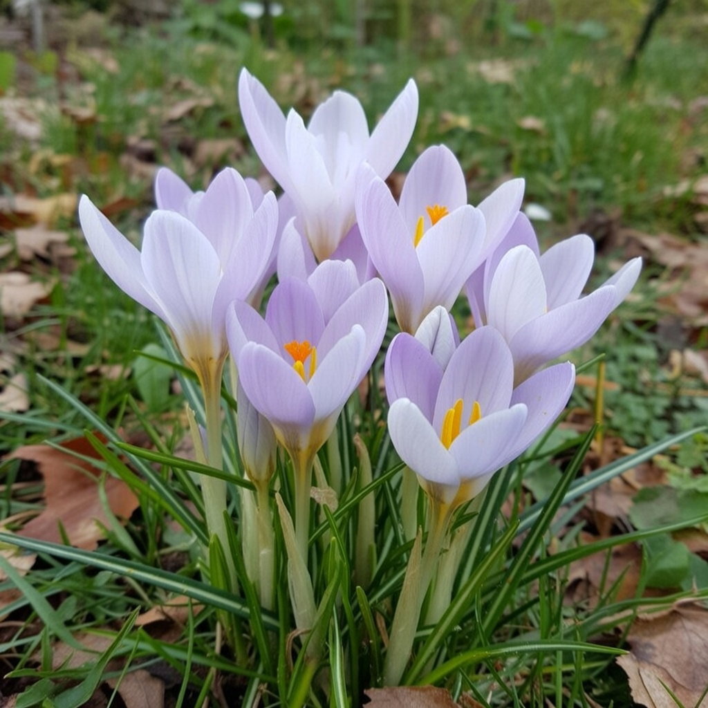 Klynge af vild krokus (tommasinianus) med hvide til lavendel kronblade og lys gul midte i græs; tidlig forårsblomst, rig på nektar – 15 løg fra Sperli