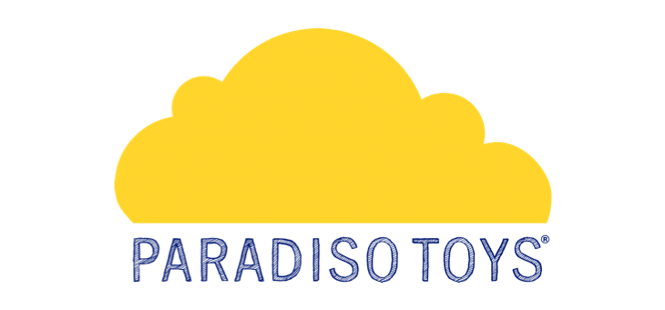 Logo for Paradiso Toys: gul sky over blåt firmanavn