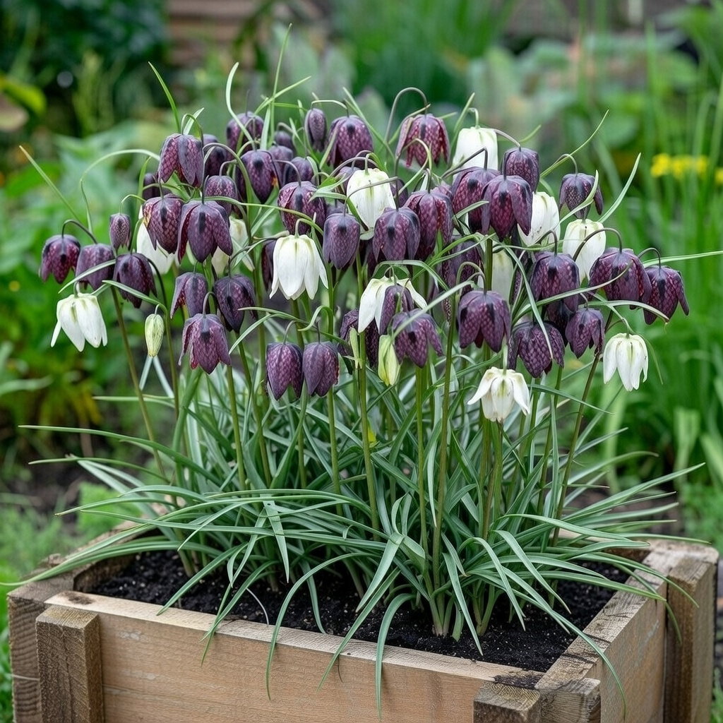 Vibeæg (Fritillaria meleagris) i træplantekasse med klokkeformede, skakternede hvide og lilla blomster; 15 løg, ca. 15–20 cm højde, velegnet til have eller plantekasser, pleje: fugtig, næringsrig jord, sol eller let skygge.