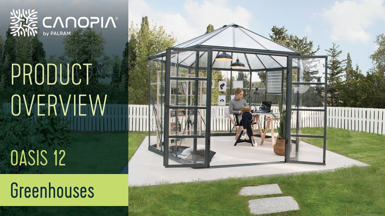 Palram Canopia Oasis hexagonalt drivhus 9 m² i have; mørkegrå aluminiumsramme, klare polykarbonatpaneler, åben dør og person indeni, betonflisebund og grønt græs - produktbillede fra Canopia by Palram