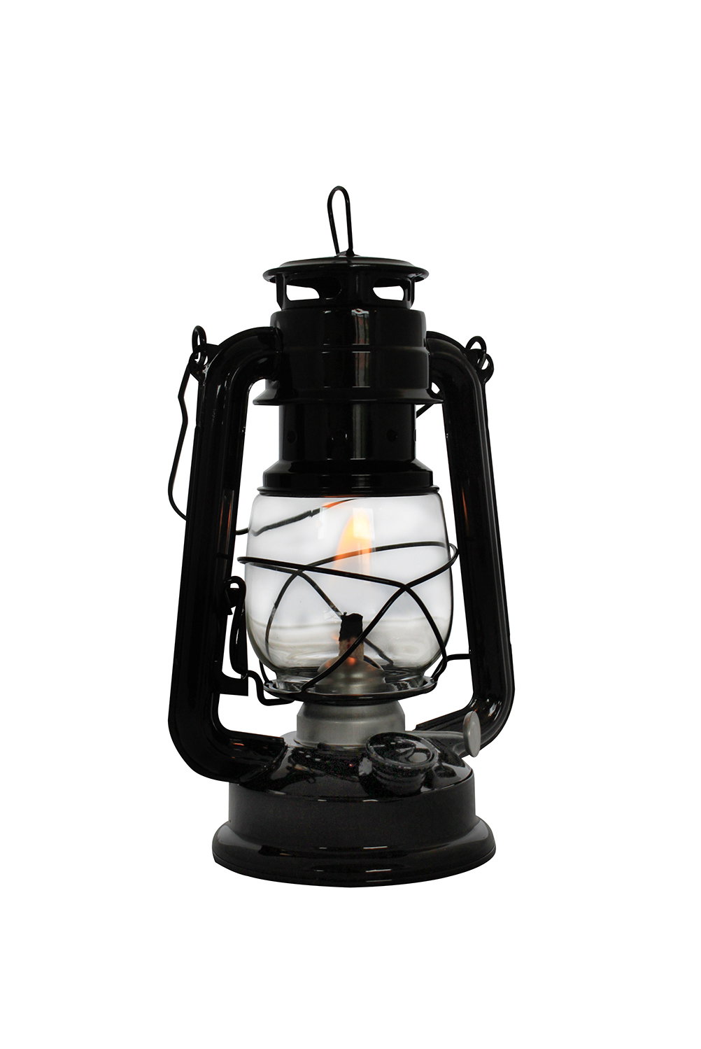 Sort retro stormlampe med glas Sort stormlampe i metal med levende flamme