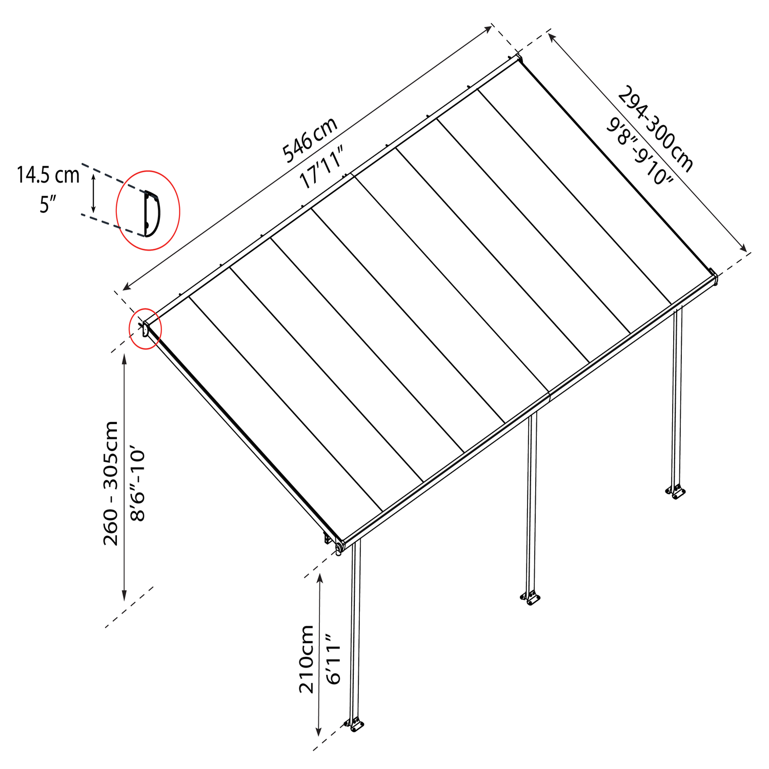 Tegning af justerbar terrasseoverdækning 546x300 cm
