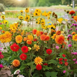 Blomsterbed med tætte røde og gule blomster fra Pose med blandede blomsterløg Sunny Festival 1 m2 (Florex) – blanding af dahlia, rudbeckia og anemone, dekorativt blomstertæppe