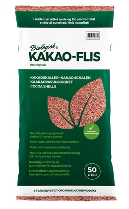 Biologisk kakaoflis 50 liter til haver Sæk med biologisk kakaoflis 50 liter til bunddække