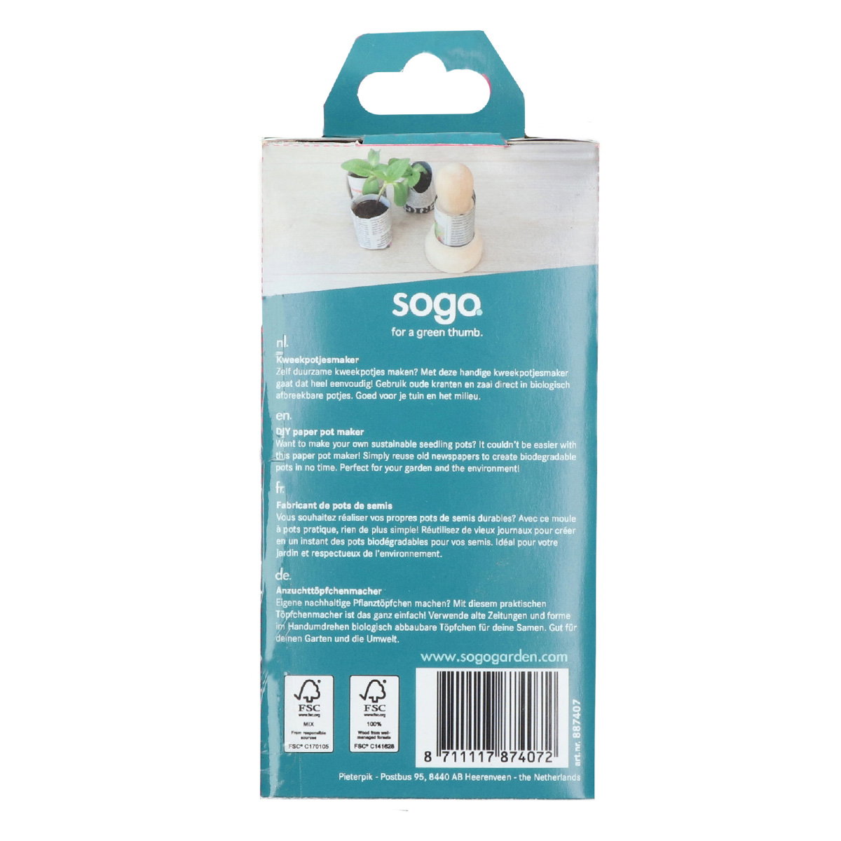 Produktpakning af Sogo Papirpotte presser vist bagfra med Sogo-logo, billede af papirpotter og presser, instruktionstekst på flere sprog, FSC-mærker og stregkode. Værktøj til at lave avispotter til forspiring af frø og stiklinger uden plastik.