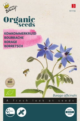 Økologiske agurkeurtfrø, Borago officinalis Frøpose med økologiske agurkeurtfrø og blå blomster