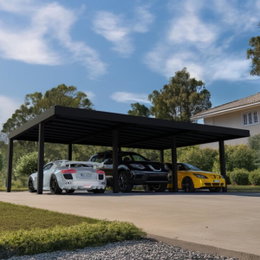 Moderne dobbelt carport i sort stål til fire biler