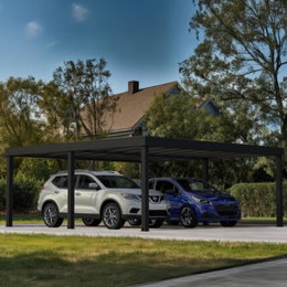 Moderne dobbelt carport i sort stål med to parkerede biler