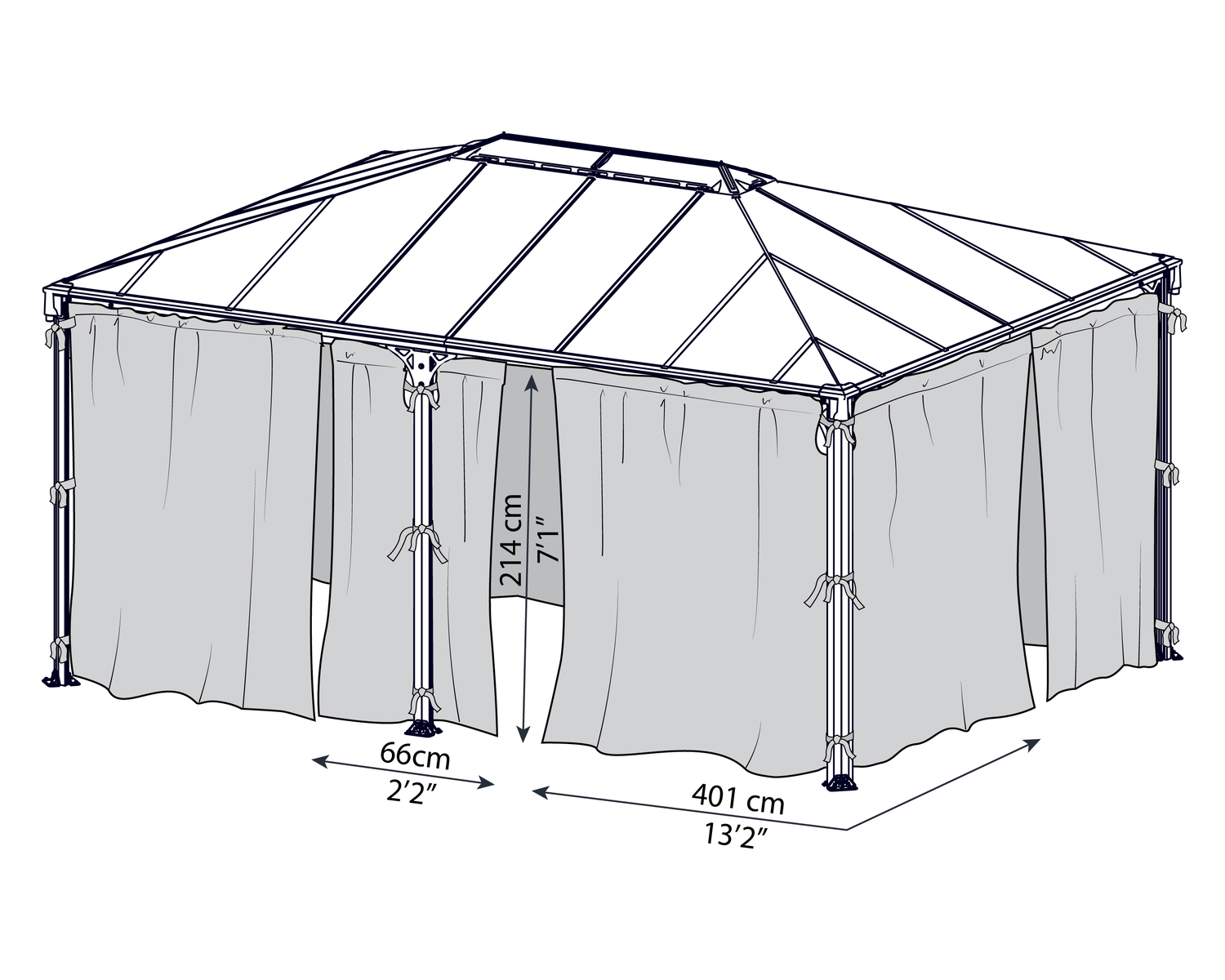 Rektangulær pavillon med gardiner og mål 401x214 cm