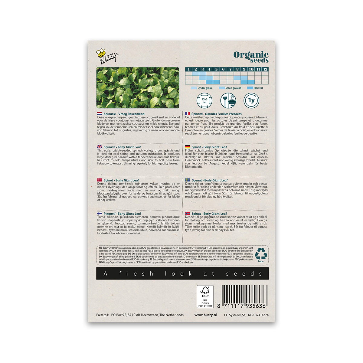 Buzzy Organic frøpakke med økologiske spinatfrø 'Vroeg Reuzenblad' vist fra bagsiden; foto af store mørkegrønne spinatblade og dyrkningsanvisning for tidlig, hurtigtvoksende sort velegnet til salater og tilberedning