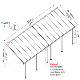 Terrasseoverdækning 8,51 x 2,94-3,00 m Illustration af terrasseoverdækning med mål og stolper