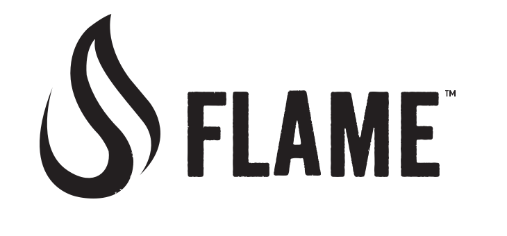 Sort FLAME-logo med flammeikon og teksten FLAME