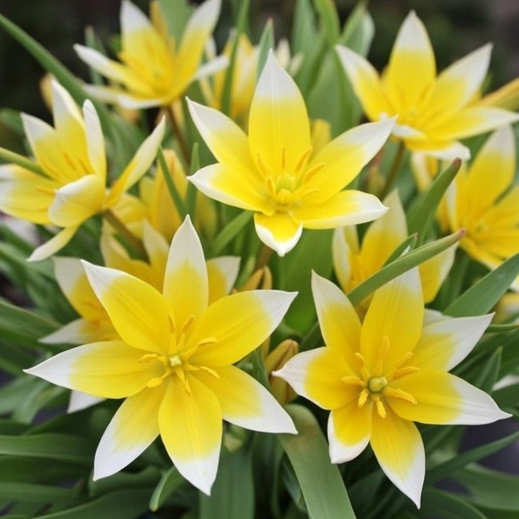 Nærbillede af gule og hvide stjerneformede blomster af Tulipa tarda (vild dværgtulipan). Lav dværgtulipan, ideel til plantekasser, krukker og højbede. Sælges som 10 løg fra Sperli.