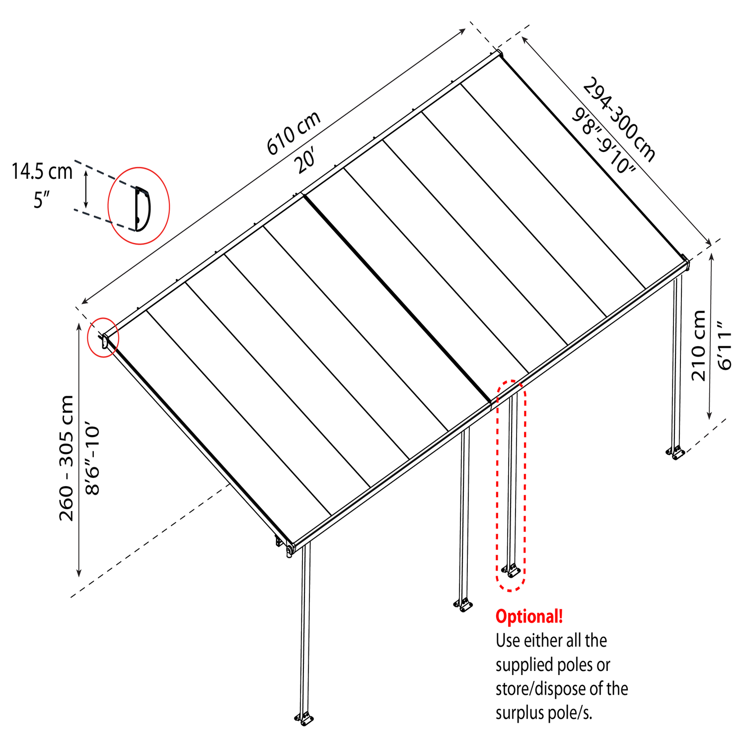 Diagram af terrassetag med mål og valgfri stolpe
