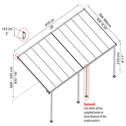 Terrassetag med justerbare stolper 610x300 cm Diagram af terrassetag med mål og valgfri stolpe